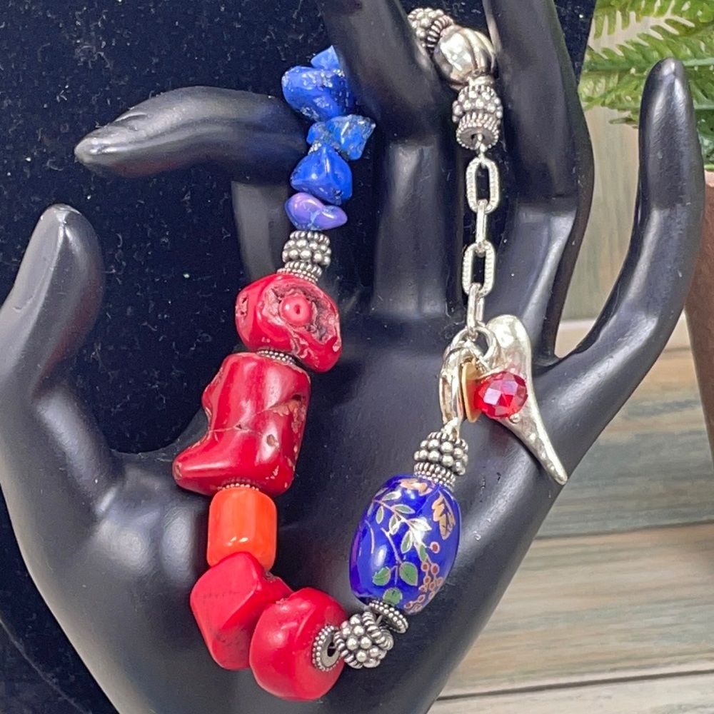🌟Adorned Crown Artisan assemblage coral stone Hammered Heart Charm bracelet